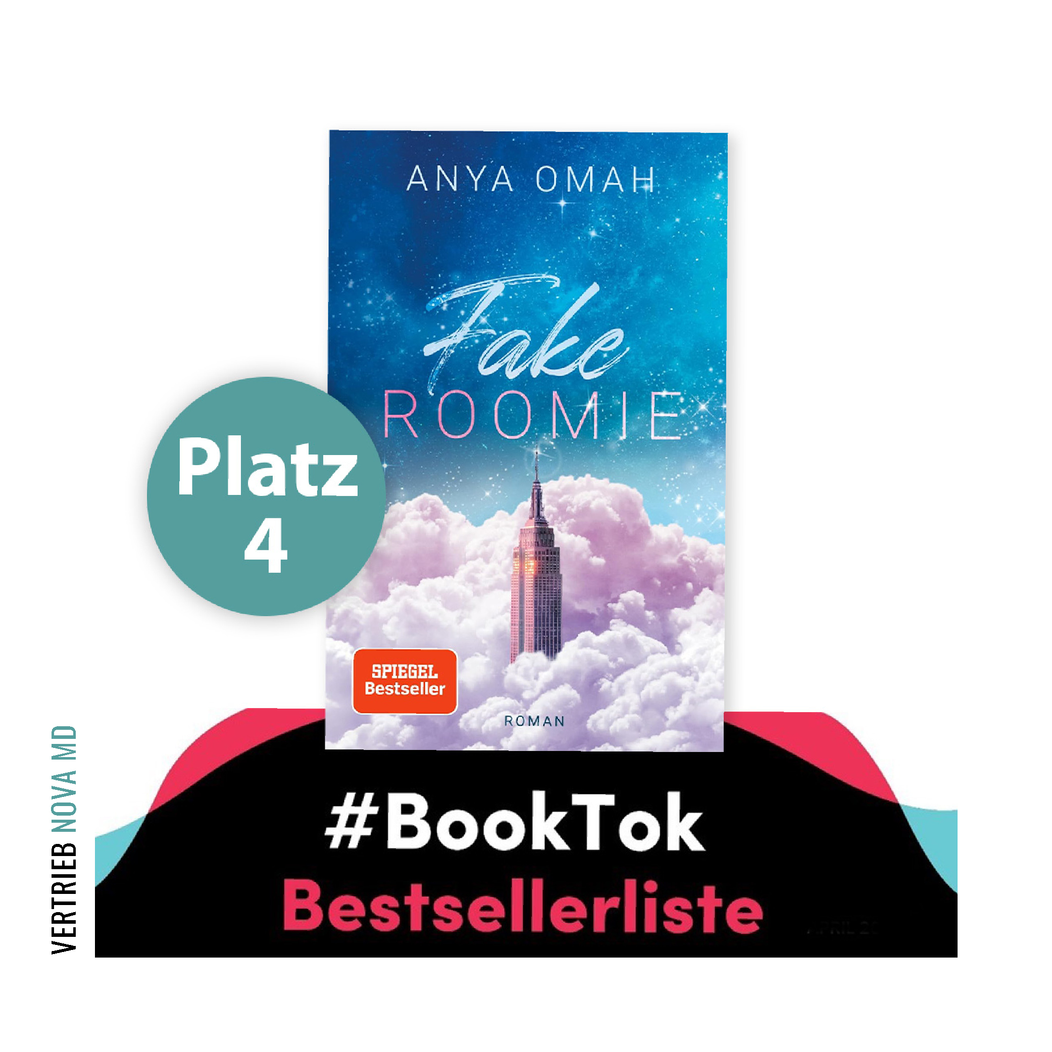 Buchcover des Buches "Fake Roomie" von Anya Omah mit Verweis auf Platzierung vierter Platz  auf der Booktok Bestsellerliste